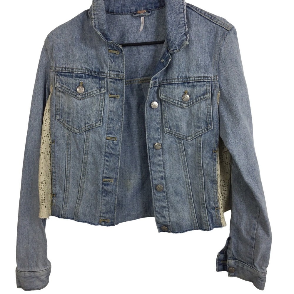 Free People Womens Lace Panel Denim Jacket Light Dungaree Blue Size Small